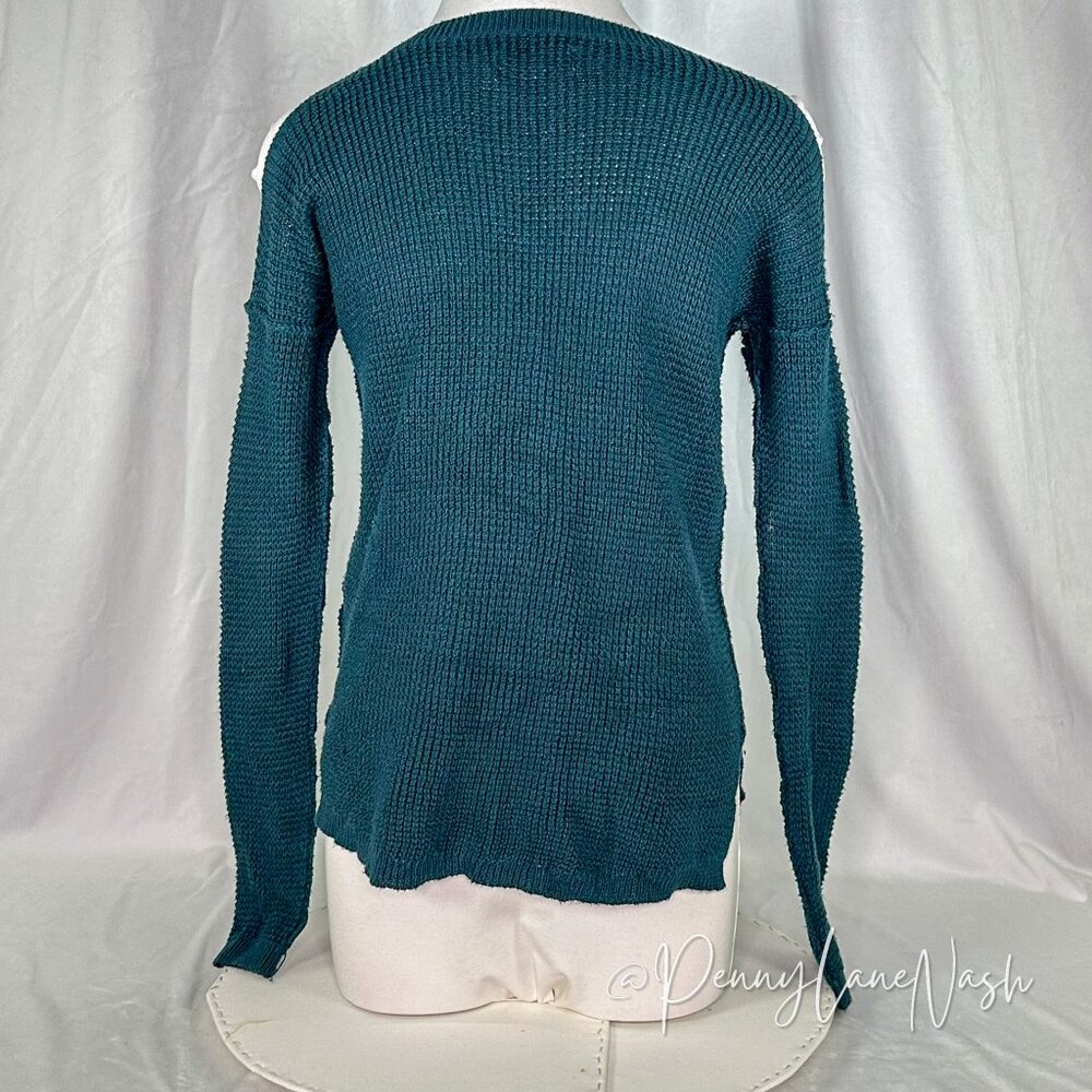 Hollister Cold Shoulder Waffle Knit Sweater Teal - Picture 6 of 6